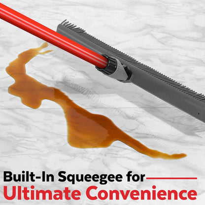 Cleaning tool with built-in squeegee on a textured surface with a liquid spill, RAVMAG brand visible.